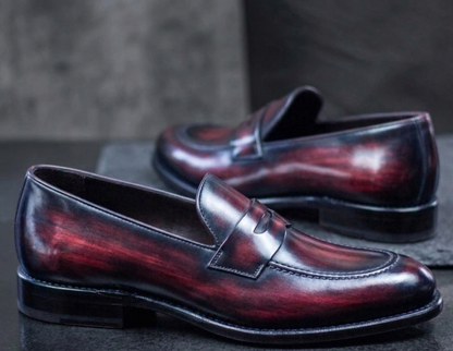 Burgundy patina leather meraviglia  slip on penny loafers