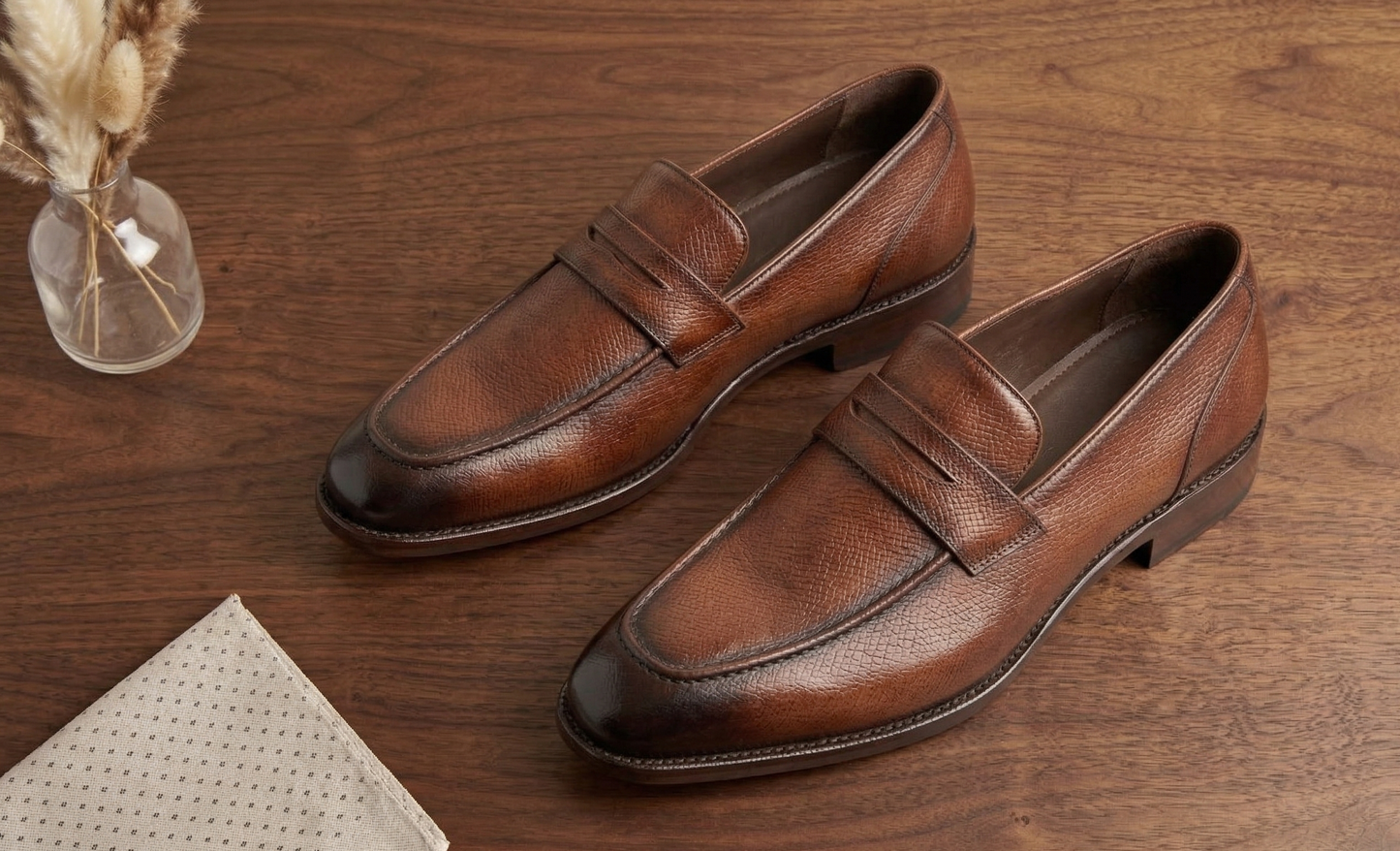 Brown leather textured severino slip on  penny loafers