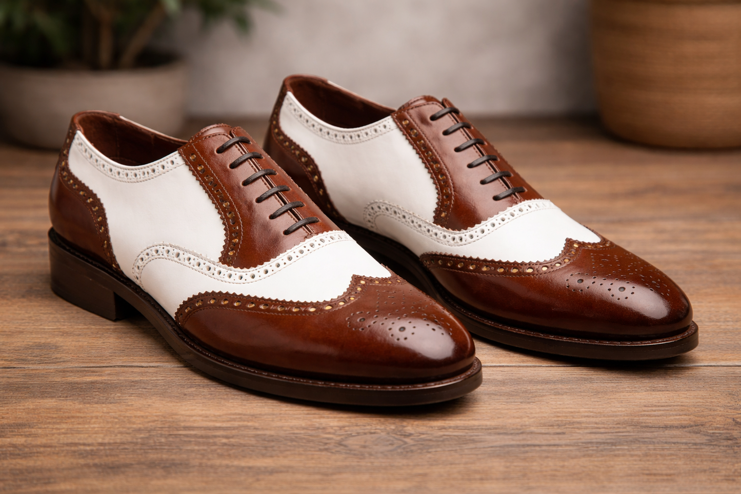 Brown and white spector brogue oxford shoe
