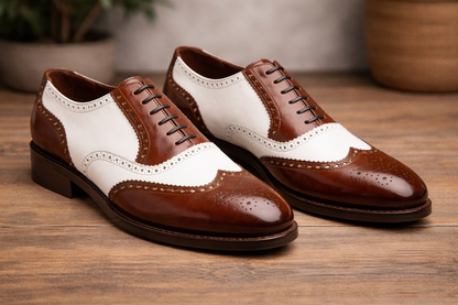 Brown and white spector brogue oxford shoe