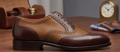 Brown and tan spector brogue oxford shoe