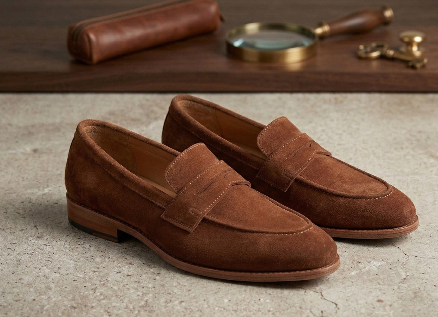 Brown suede leather amalfo slip on penny loafers