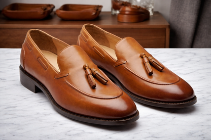 Tan brown  leather lastra slip on tassel penny loafers