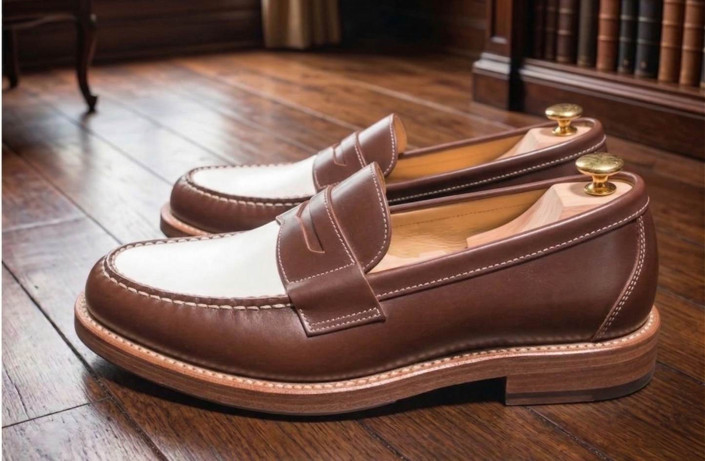 Tan and white nathan penny loafers