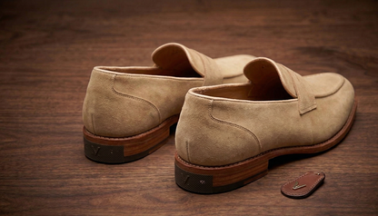 Beige suede leather textured flex slip on  penny loafers