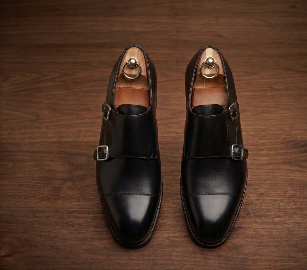 Black leather cuera double monkstrap