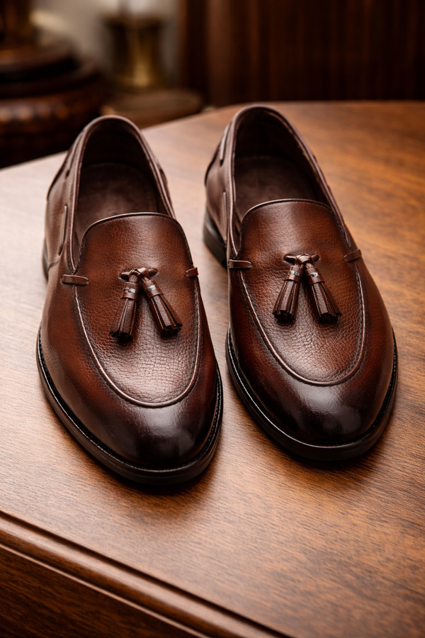 Brown leather textured raging slip On tassel penny loafers