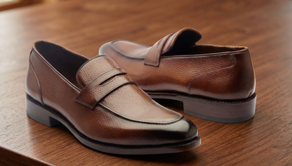 Brown leather textured severino slip on  penny loafers