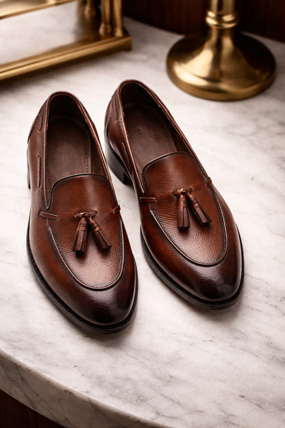 Brown leather textured raging slip On tassel penny loafers
