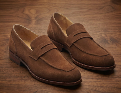 Brown suede leather textured  slip on  penny loafers