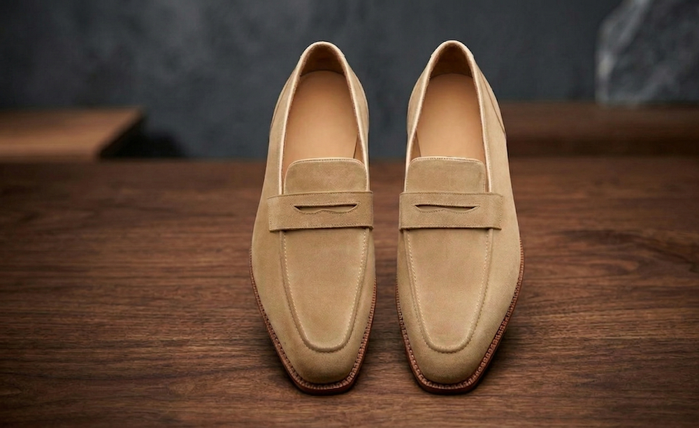 Beige suede leather textured flex slip on  penny loafers