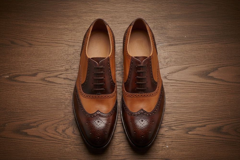 Brown and tan spector brogue oxford shoe