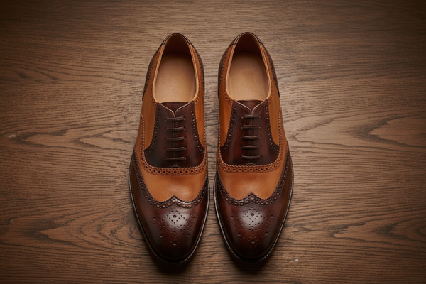 Brown and tan spector brogue oxford shoe
