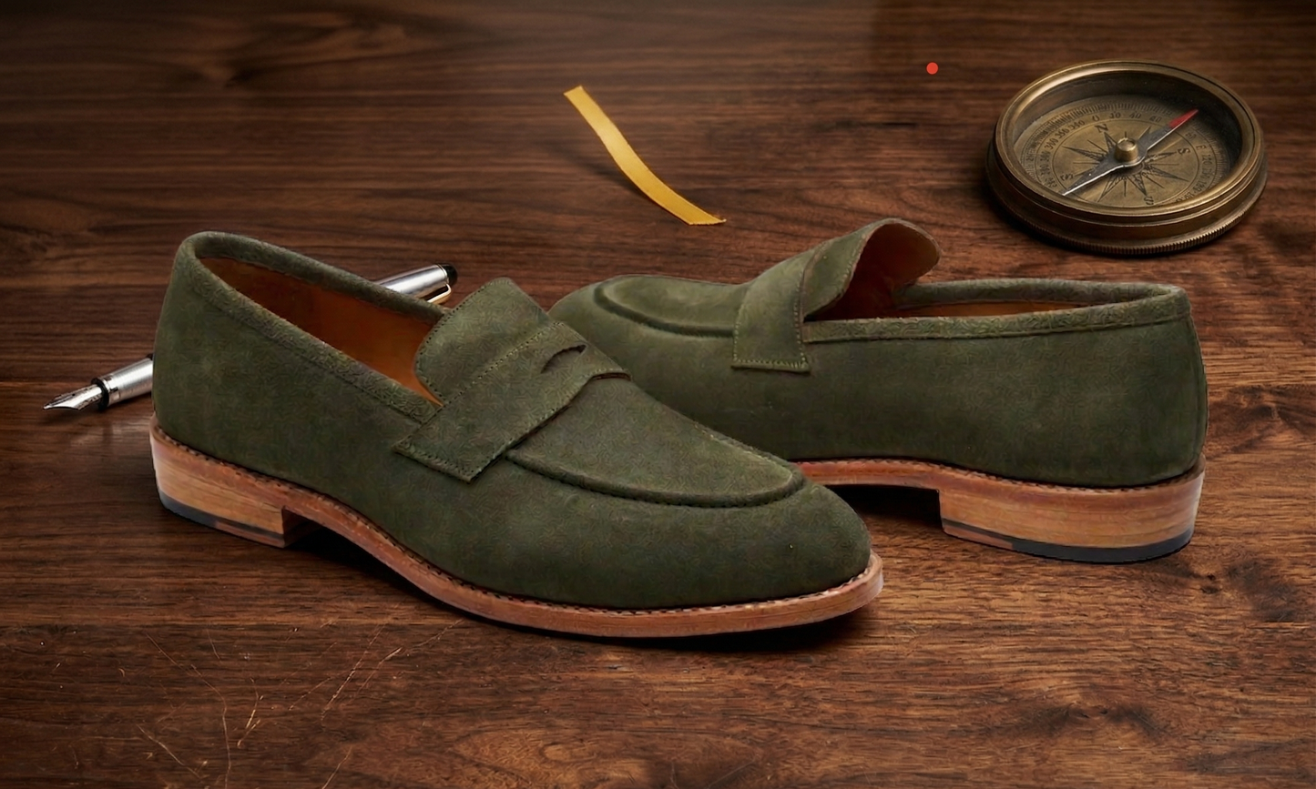 Green suede leather squale  slip on penny loafers
