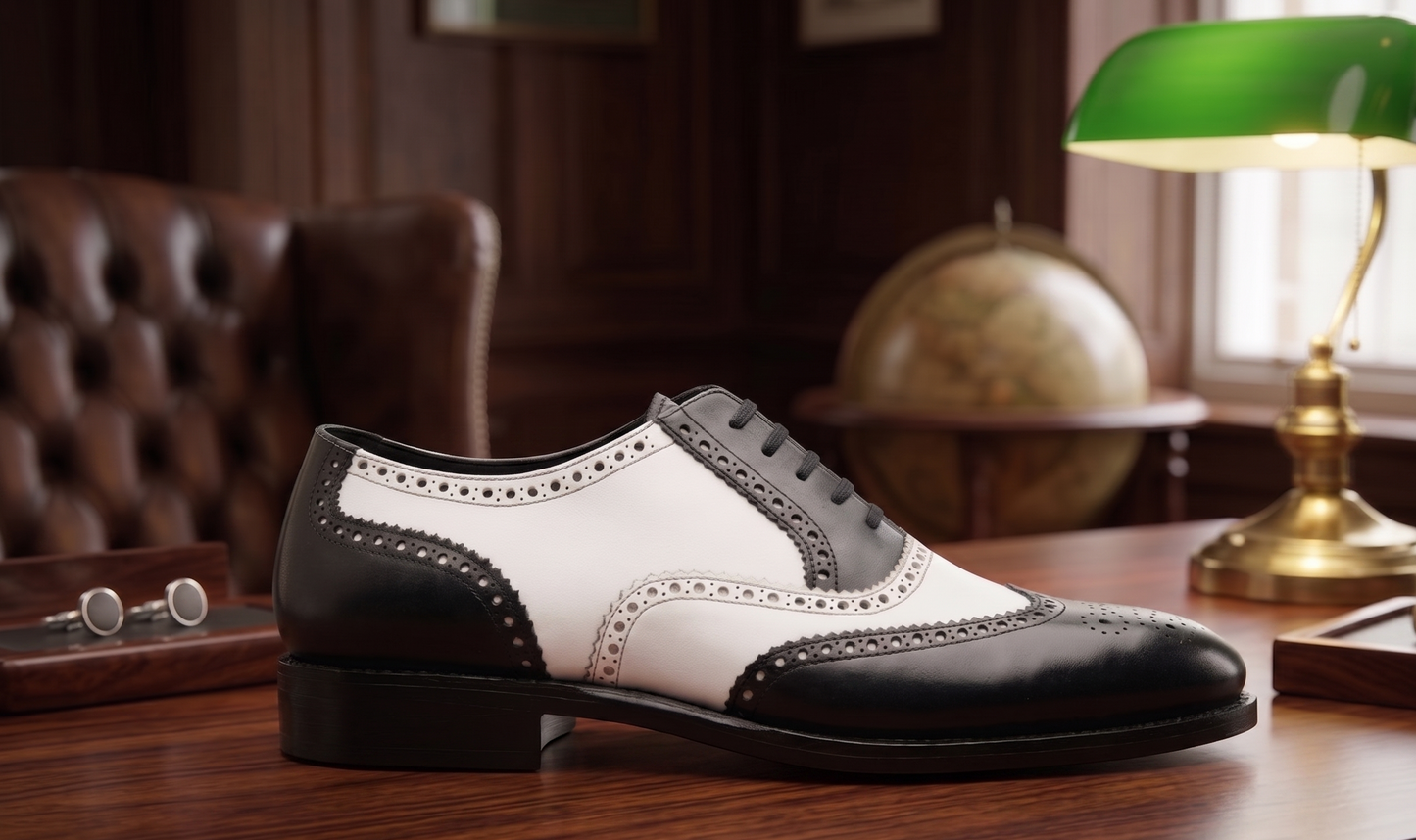 Black and white spector brogue oxford shoe
