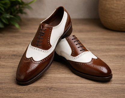 Brown and white spector brogue oxford shoe