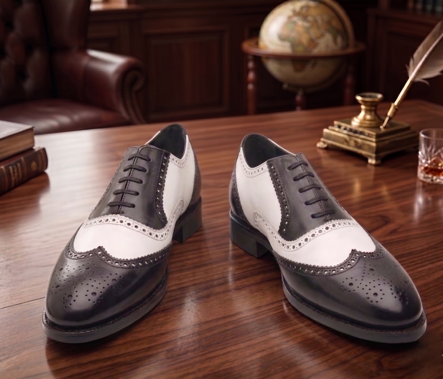 Black and white spector brogue oxford shoe
