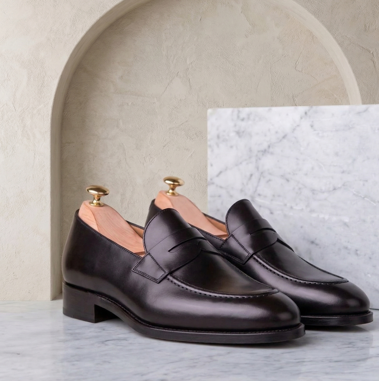 Black leather tumbled penny loafers 