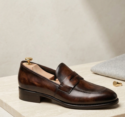 Brown leather carlo penny slip on loafers
