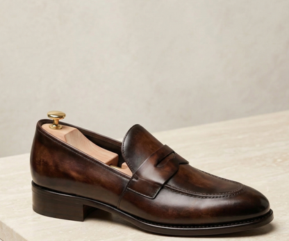 Brown leather carlo penny slip on loafers