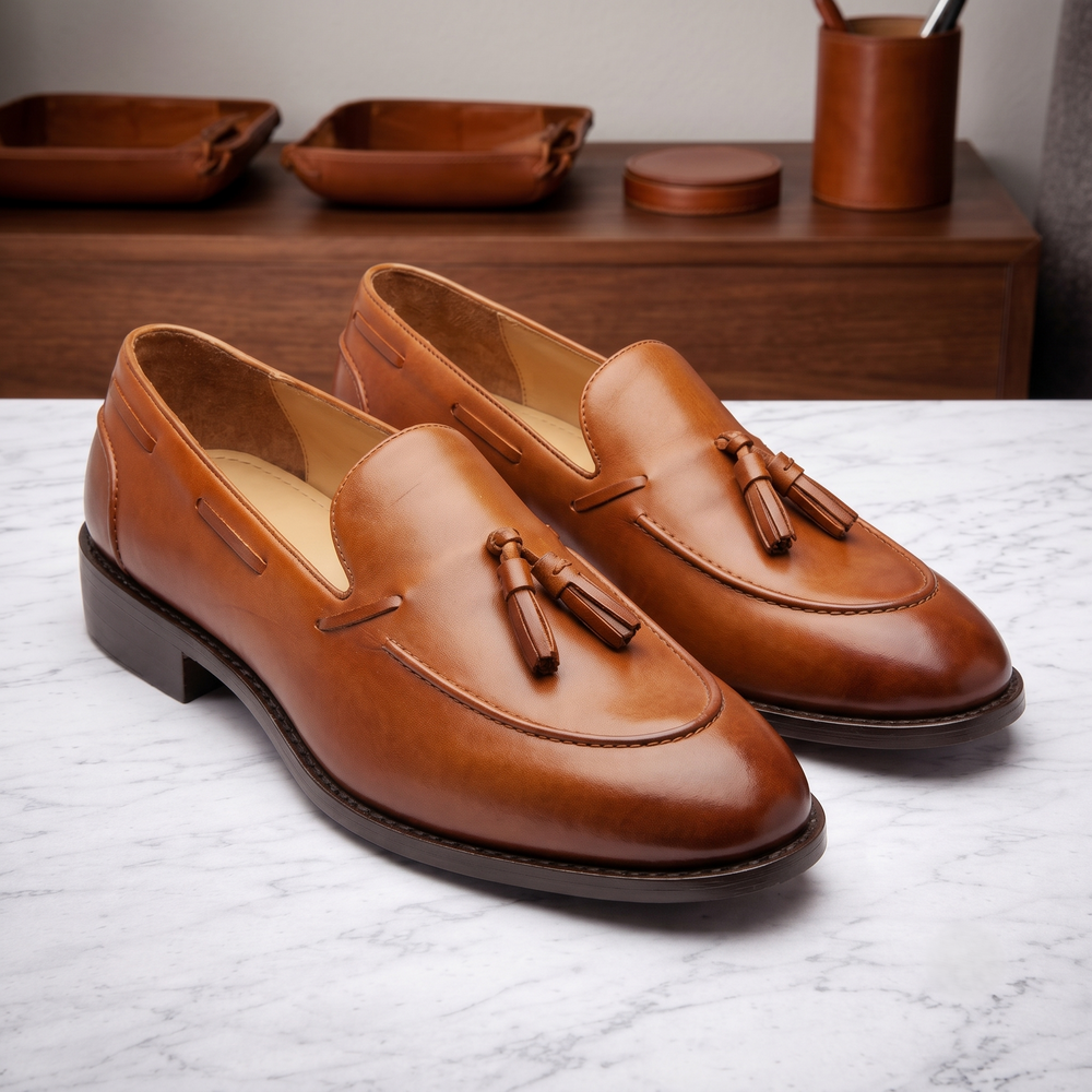 Tan brown  leather lastra slip on tassel penny loafers