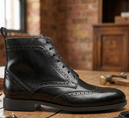 Black leather wingtip doto derby boot