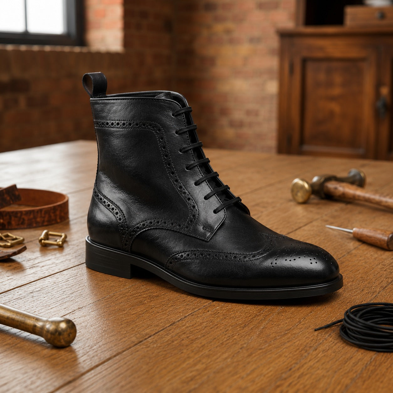Black leather wingtip doto derby boot
