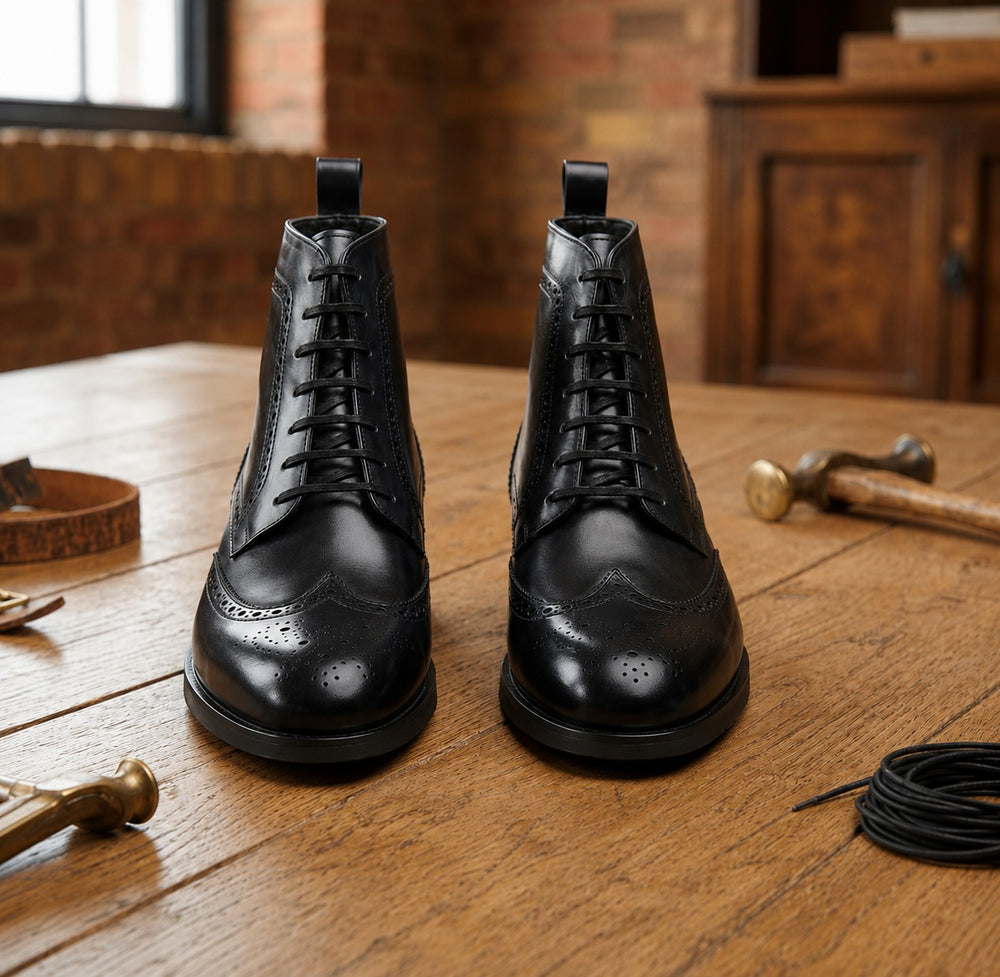 Black leather wingtip doto derby boot