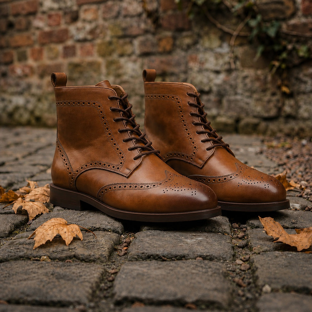 Brown leather wingtip doto derby boot