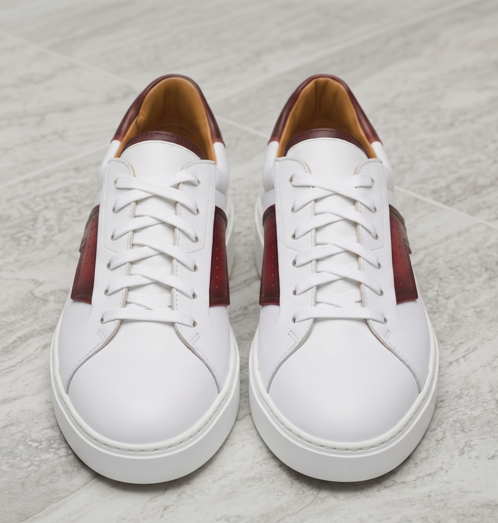 Red and white low top sneaker